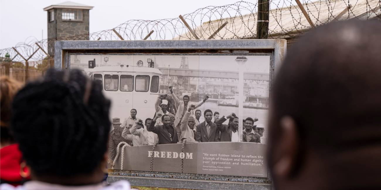 A view of the ferry departing from the V&A Waterfront in Cape Town, on its way to Robben Island. Robben Island 2025.